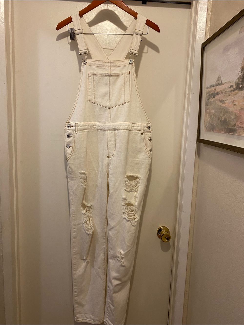 Honey Punch Cream Distressed Denim Overalls